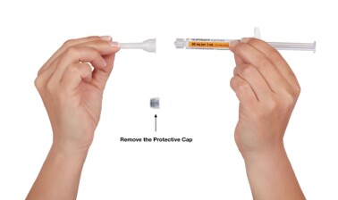 <p>Remove the protective cap from the end of the
prefilled syringe by unscrewing the cap.</p>
<p>Hold the syringe firmly. Carefully attach the needle to the prefilled syringe containing the colorless icatibant injection solution.</p> 4. Remove the Protective Cap