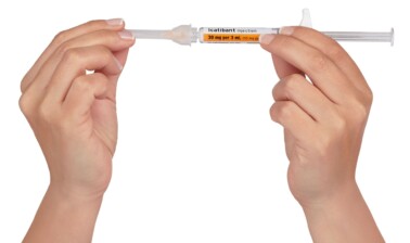 Firmly screw the needle on the prefilled syringe. Be careful not to remove the needle from the needle cap. Place the syringe on a clean surface. 5. Attach the Needle