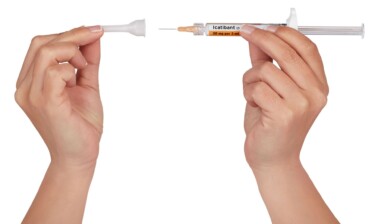 Remove the needle from the needle cap by holding the needle cap and carefully pulling the syringe. Do not pull up on the plunger. 8. Remove the Needle Cap