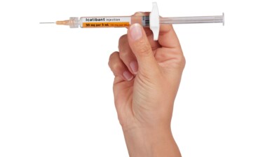 Hold the Icatibant Injection prefilled syringe in one hand, between your fingers and thumb. 9. Hold the Syringe