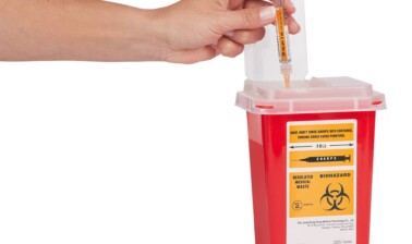 <p>Place the empty syringe with the needle still attached into:</p>
<ul>
<li>A sharps container (such as a red biohazard container)</li>
<li>A hard plastic container (such as a detergent bottle)</li>
<li>Or a metal container (such as an empty coffee can)</li>
</ul>
<p>Do not reuse the syringe.</p>
<p>Seal the container and throw it away the right way. There may be state and local laws about the correct way to throw away used syringes and needles. Ask your healthcare provider or pharmacist how to throw away used syringes and needles.</p>
<p>Your injection is now complete.</p> 15. Dispose of the Used Syringe with Needle